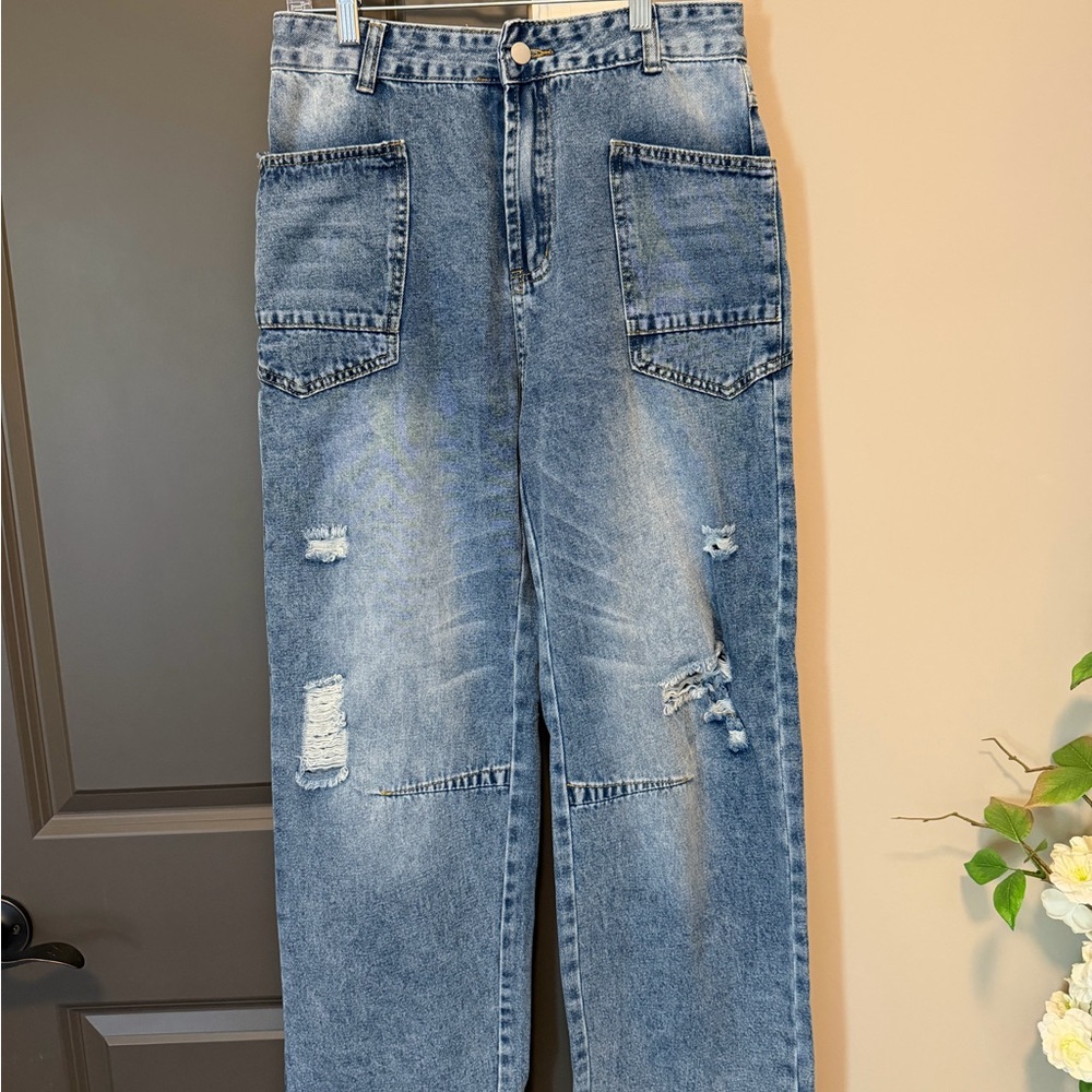 SHEIN Light Blue High Rise Distressed Wide Leg Jeans